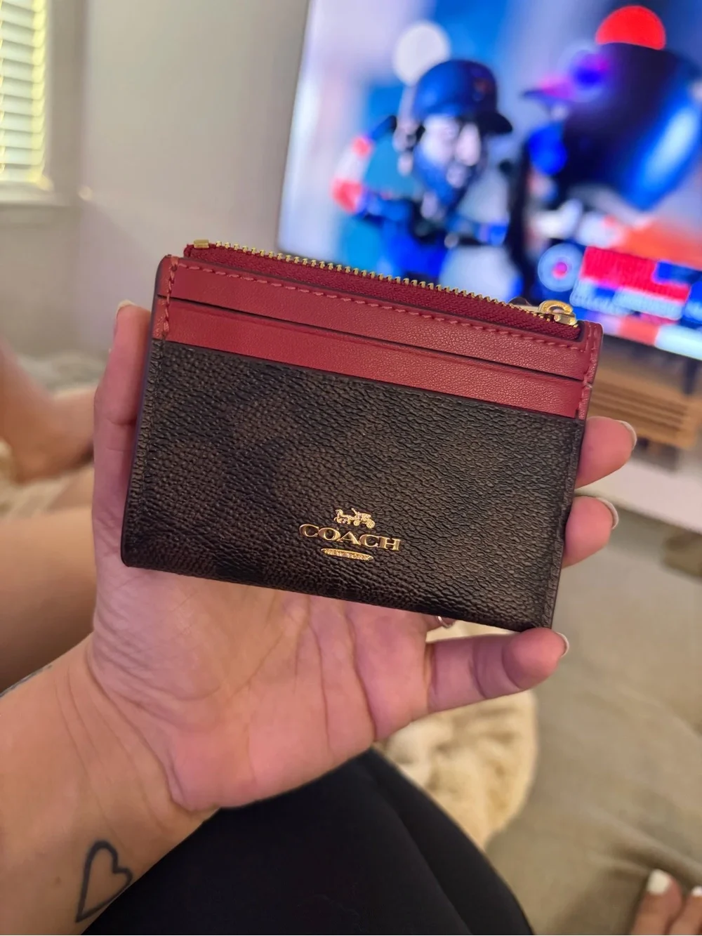Coach Women's Mini Skinny ID Case in Signature Canvas in Brown and 1941 Red - Picture 6 of 6